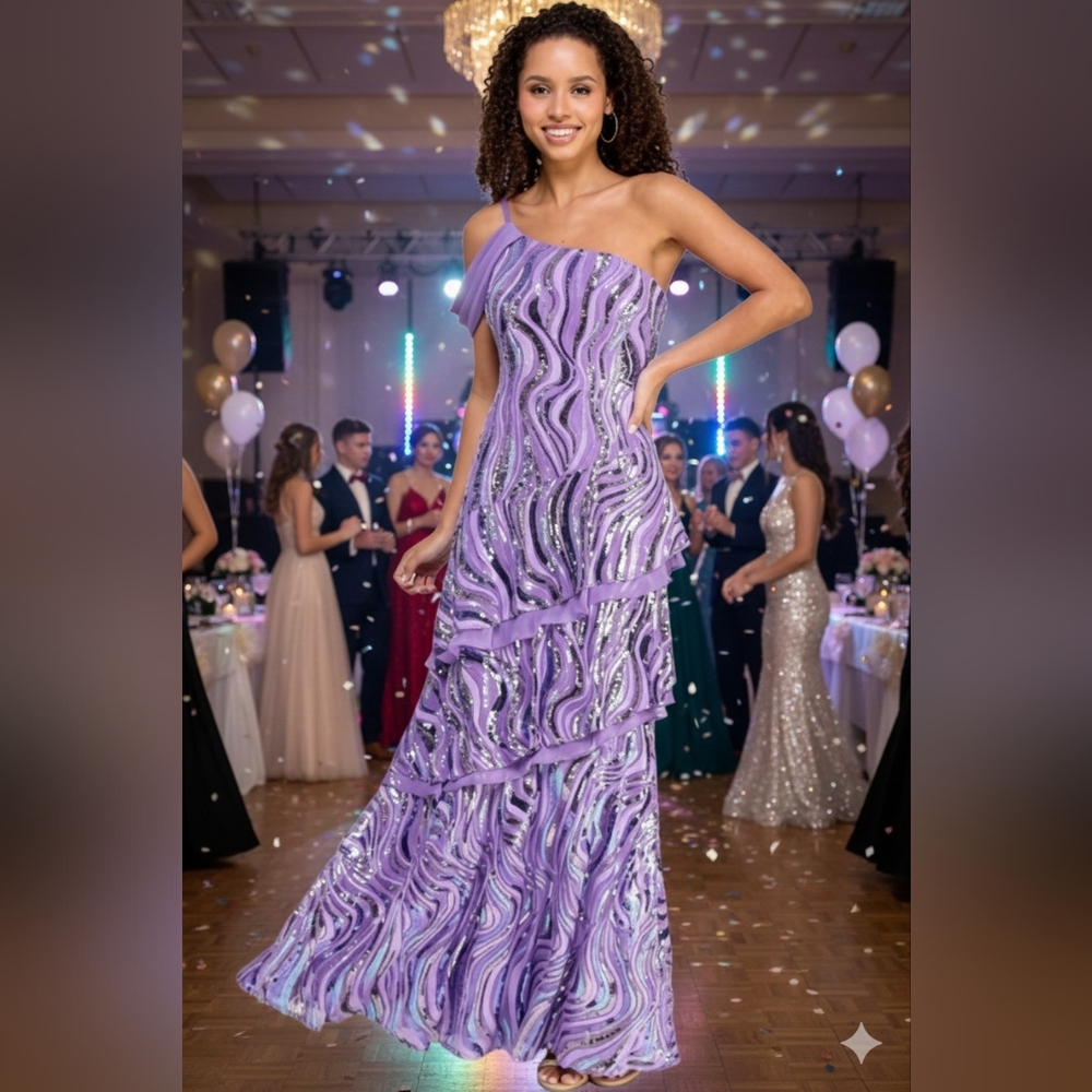 NWOT Size 9 Morgan & Company Lavender Sequin Embellished Tiered Gown